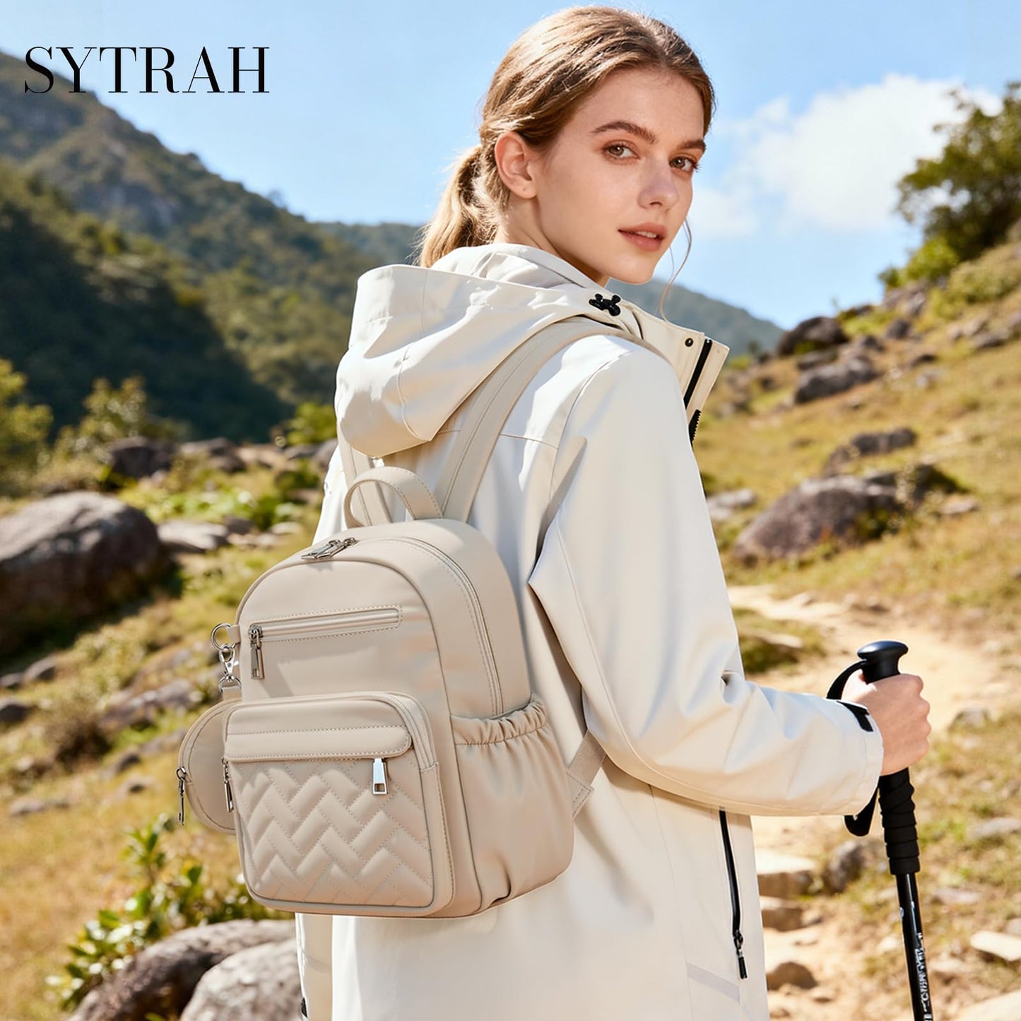 SYTRAH Mini Backpack for Women Small Backpack Purse, Anti Theft Backpack Waterproof Lightweight Puffer Back packs for Travel, Work with Coin Purse Khaki