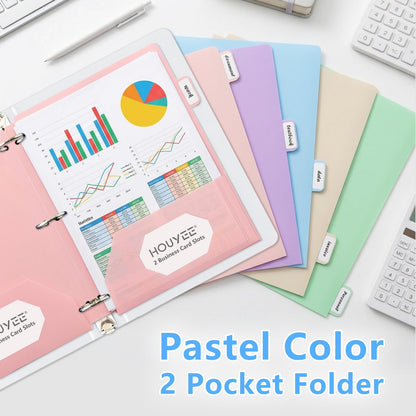 HOUYEE 12 Pack Plastic Folders with Pockets 3 Hole Punched, 2 Pockets File Folders for 3 Ring Binder, with 2 Business Card Slot, 1/6 Cut Tabs & Labels, for Letter Size, School Office Home Bussiness