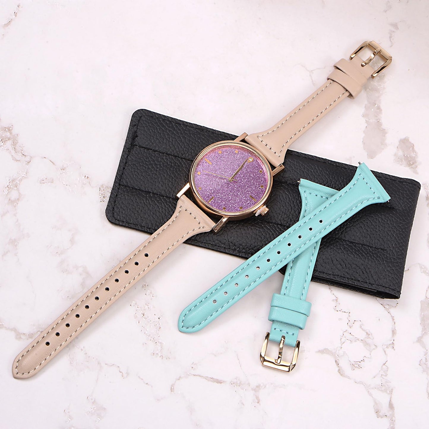HARFINGTON Genuine Leather Watch Band 22mm Quick Release Elegant Slim Thin Top Grain Replacement Wristband Strap for Ladies/Children Watch & Smartwatch, Brown/Rose Golden Tone