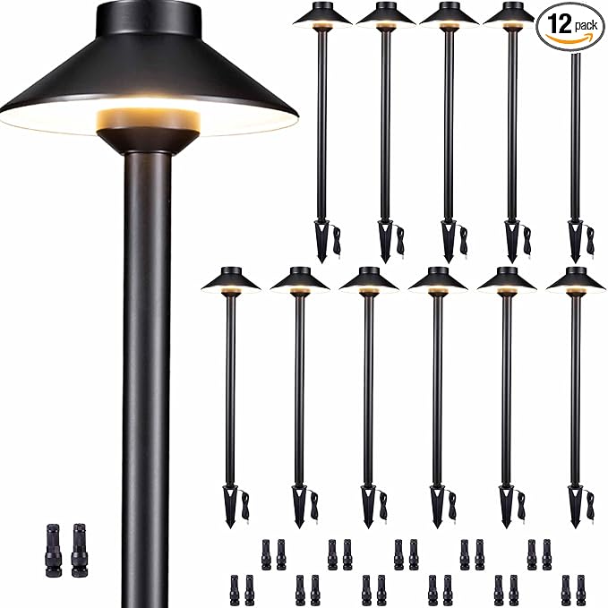 Gardenreet Solid Cast Brass Pathway Light - 12v LED Landscape Path Lights Outdoor Waterproof IP65, Electric Pathlights Wired, Hat Shape Black for Garden Decorations G4 Bulb Not Included (12 Pack)