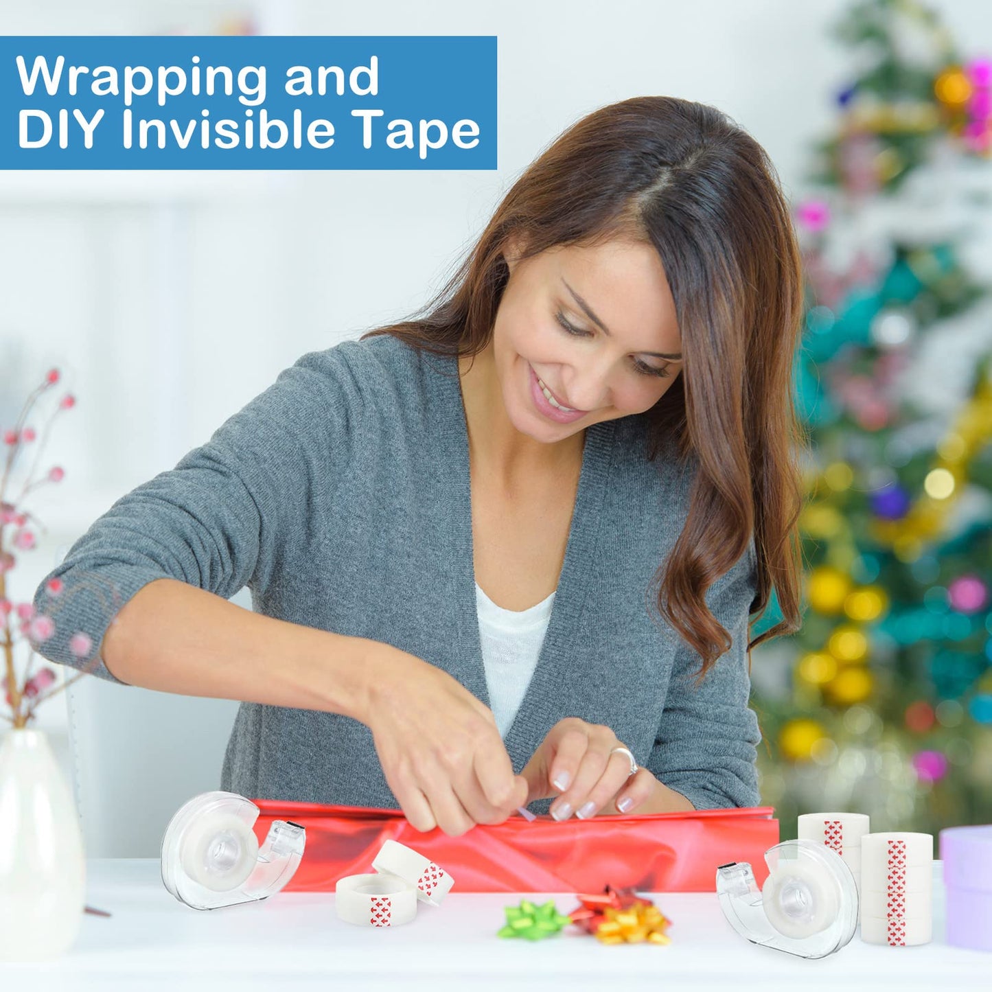 Yahenda 32 Pcs Invisible Tapes Dispensers with 32 Writable Matte Clear Tape Refills, 0.7 x 985 Inches, Refillable Desk Tape Dispenser Bulk for DIY Project, Home, Office, School & College Supplies