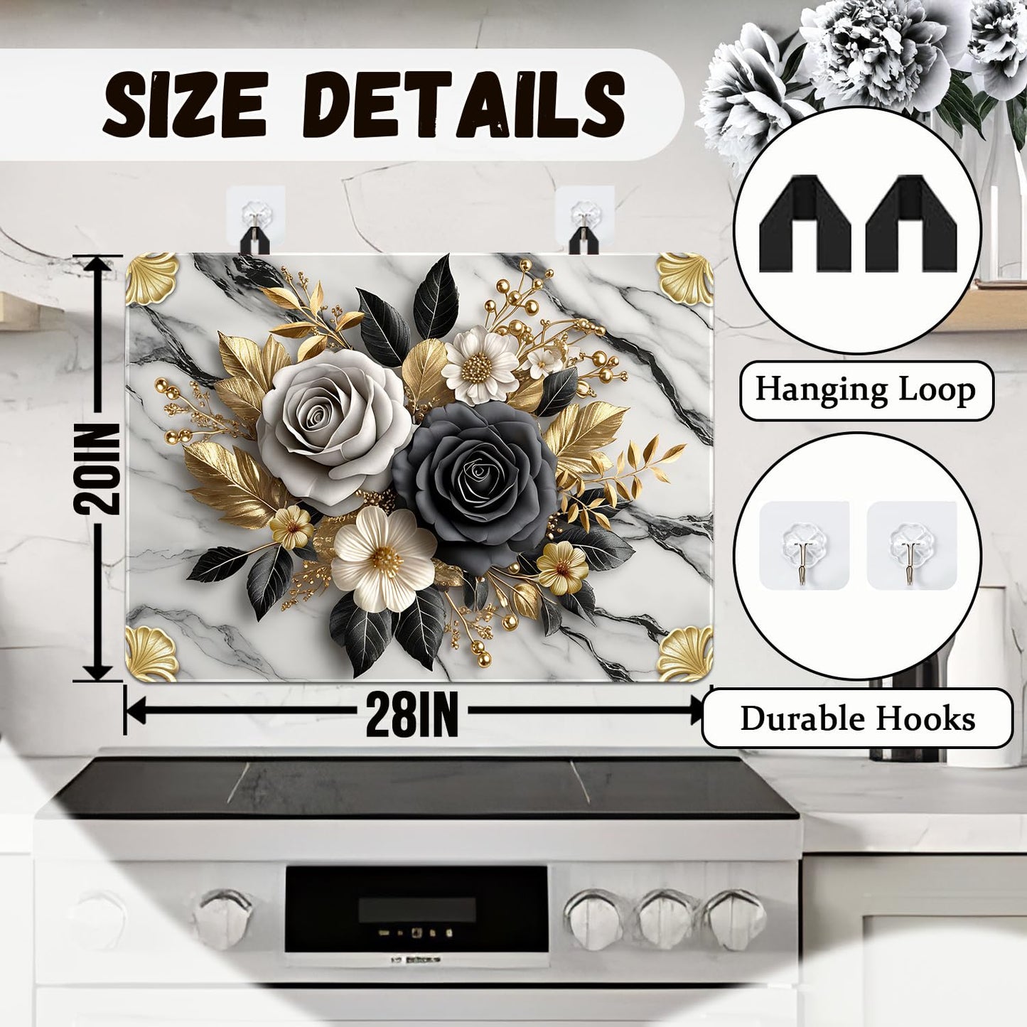 Flower Stove Top Cover for Electric Stove, Rose Range Covers, Black White Range Top Mat, Gold Flower Leaf Cooktop Cover 28x20 inch, Marble Pattern Cooktop Covers for Kitchen Holiday Home Decor
