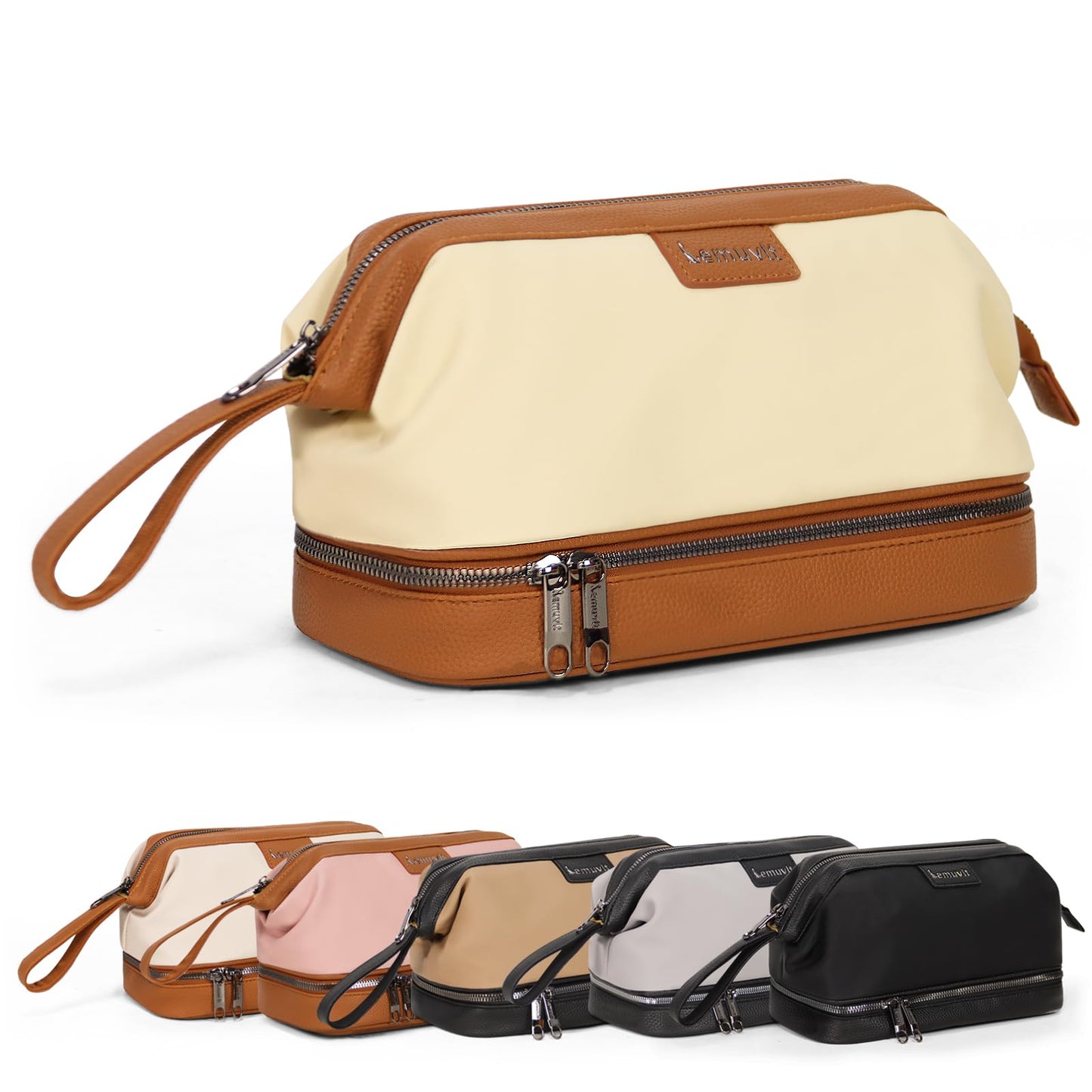 Lemuvlt Double-Layer Toiletry Bag, Water-Resistant Hybrid Leather Cosmetic Organizer with Wet/Dry Compartments, 26x15x16cm (Cream, Double layer)