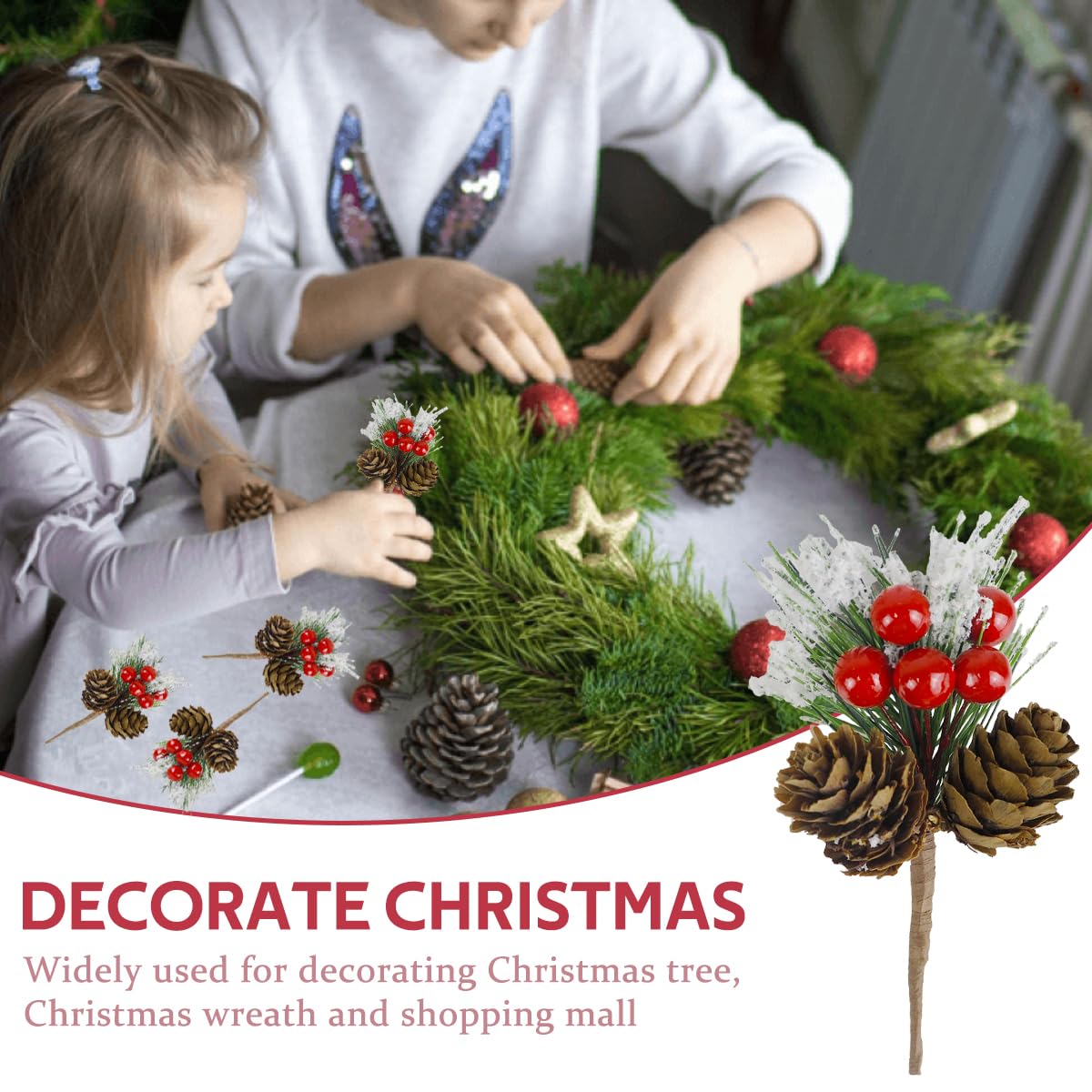 CXLHO 20PCS Christmas Floral Picks, Artificial Christmas Tree Picks and Sprays, Faux Cedar Pine Needles Branches with Red Berry Stems and Pine Cones for Crafts DIY Garland Holiday Wreath