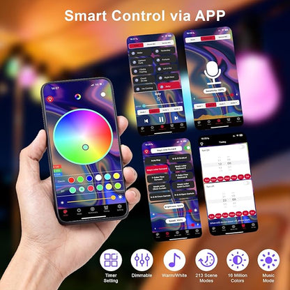 Outdoor String Lights 59FT Smart Patio Lights with APP Control, 18 LED Bulbs RGB IC Warm White, IP65 Waterproof Color Changing for Christmas, Patio, Backyard, Garden, Party, Holiday Decor
