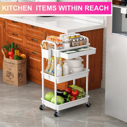 Goovilla 3 Tier Rolling Utility Cart Organizer with Removable Drawer, Stable and Sturdy Black Rolling Storage Carts with 2 Lockable Wheels for Bathroom, Kitchen, Snack, Craft, Makeup, Baby Essentials