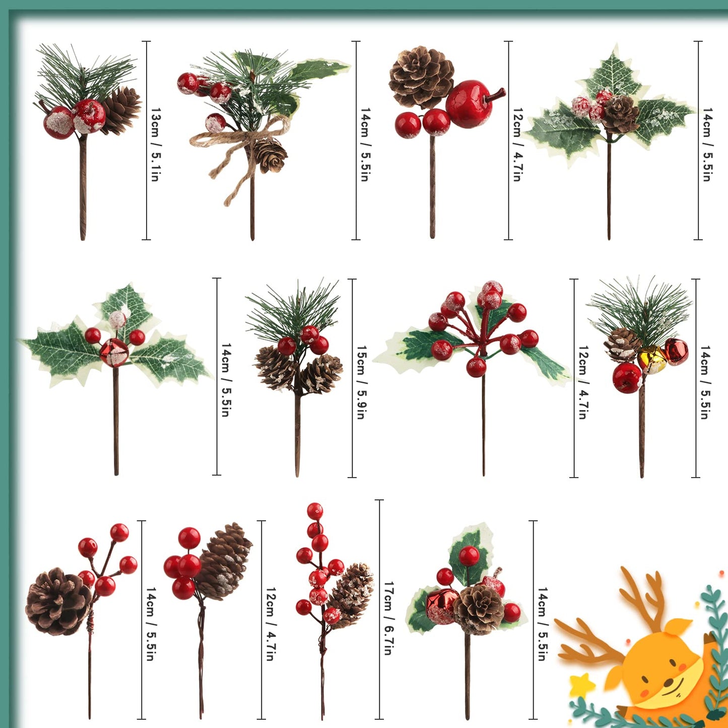 12PCS Christmas Picks with Pine Cones Holly Berry Artificial Red Berry Stems Pine Branches Small Christmas Berry Picks for Crafts Gift Wrapping Floral Picks Tree Wreaths Decor Holiday Arrangement