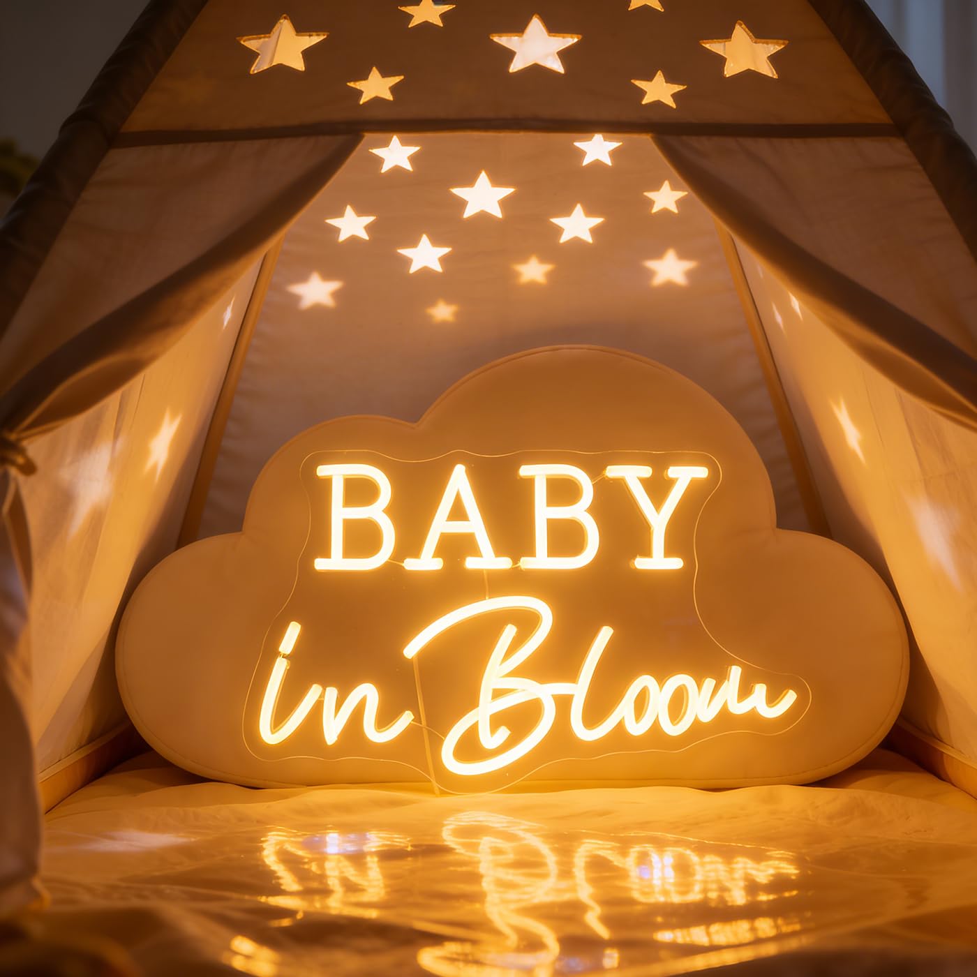 Baby In Bloom Neon Signs Led Gender Reveal Party Boy/Girl Decorations Neon Letters Signs Pregnancy Announcement Party Supplies Baby Shower Yard Signs(warm white)