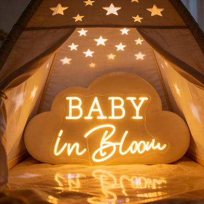 Baby In Bloom Neon Signs Led Gender Reveal Party Boy/Girl Decorations Neon Letters Signs Pregnancy Announcement Party Supplies Baby Shower Yard Signs(warm white)