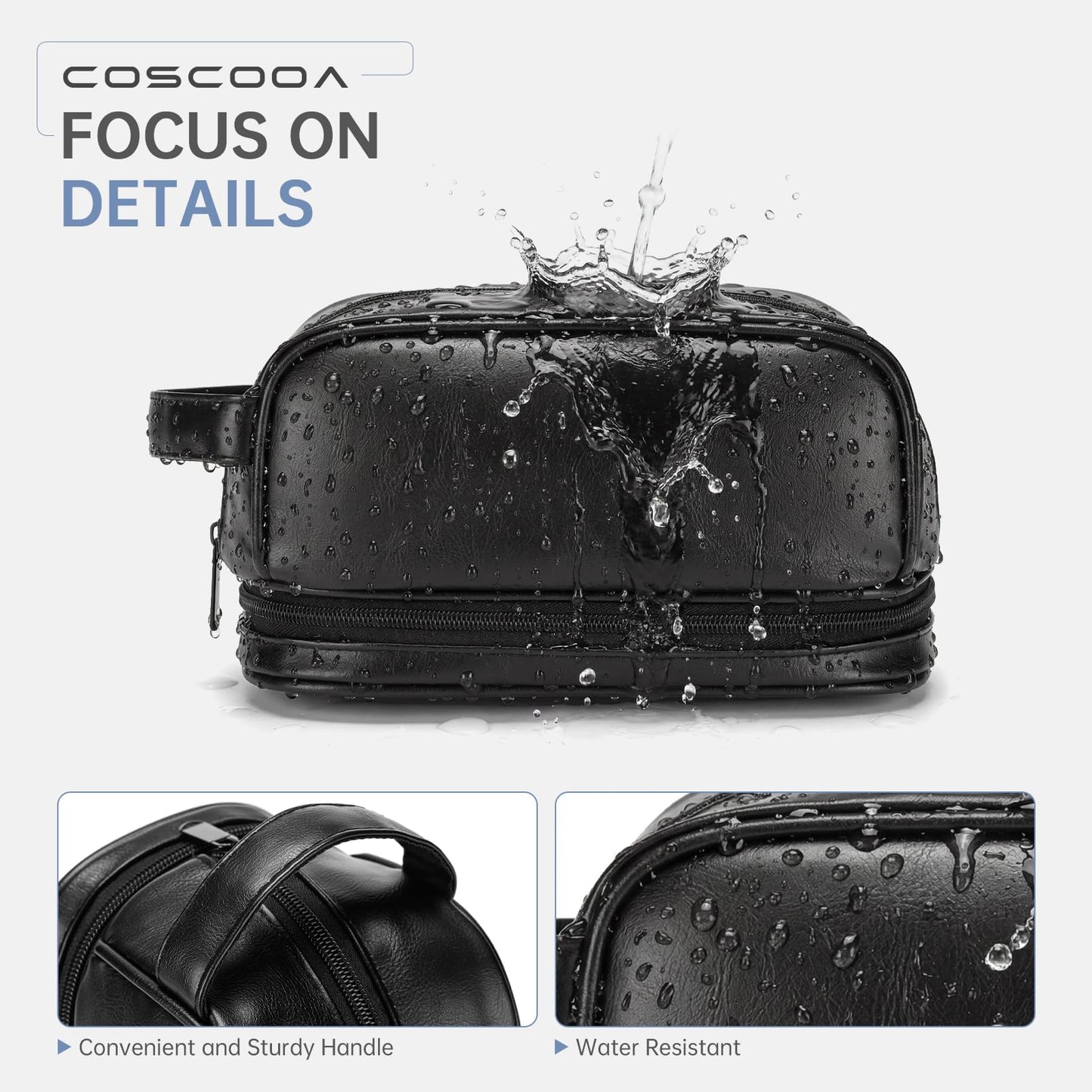 COSCOOA PU Leather Toiletry Bag for Men, Water Resistant Mens Hanging Toiletry Travel Makeup Bag, Travel Essentials Shaving Bag with Large Capacity Suitable for Bathroom Settings, Black