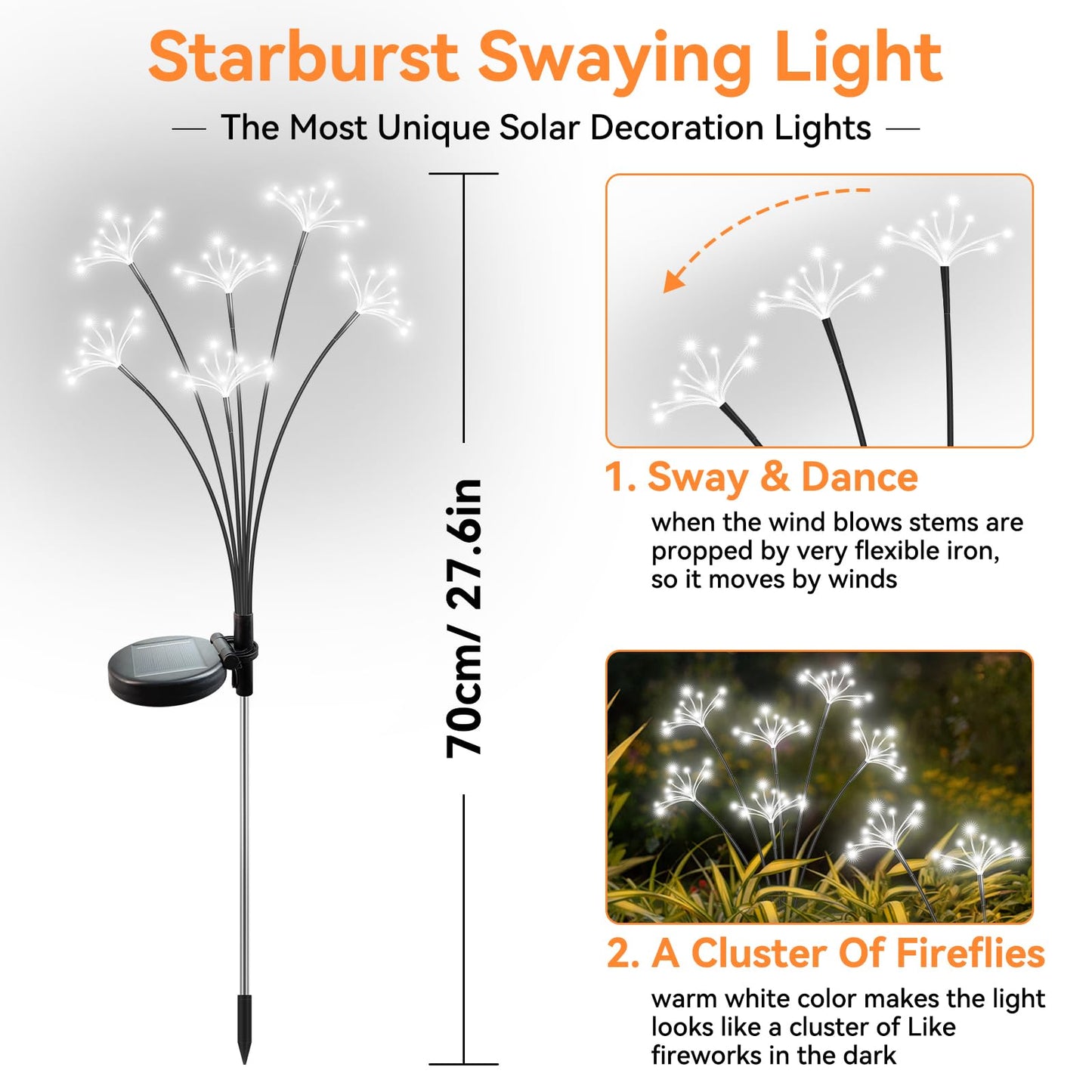 Solar Garden Lights 2 Pack Waterproof Solar Swaying Starburst Light Outdoor Lights for Yard Patio Walkway Pathway Party Wedding Christmas Decoration, White