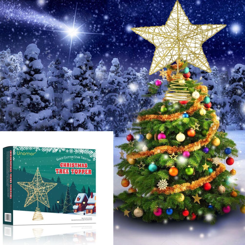 Unomor 10 Inch Christmas Star Tree Toppers – Gold Glittered Metal Hallow Design Tree Topper Star for 6ft to 7ft Christmas