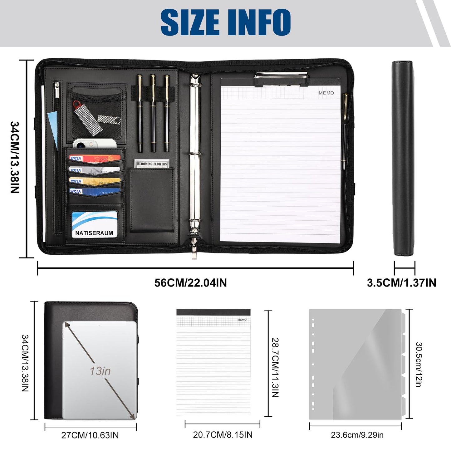 NATISERAUM Portfolio Binder 3 Ring Includes Pen and 5 Dividers with 10 Pockets, Padfolio Organizer with Zipper for Men and Women, Includes A4 Notepad for Business, School, Work