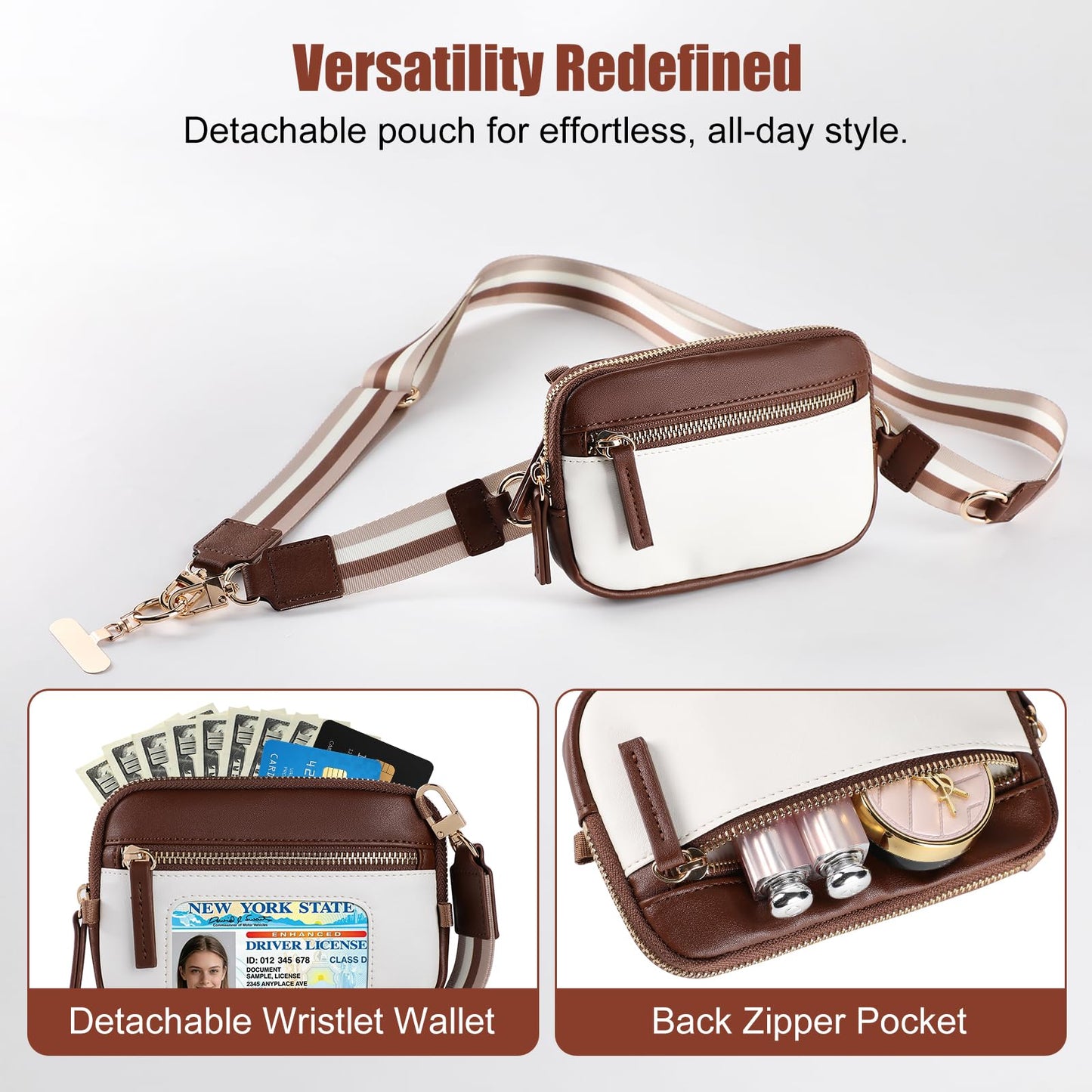 Poaivel Clip and Go Strap For Phone with Leather Wallet Crossbody, Adjustable Phone Lanyard with Slim Detachable RFID Wristlet Wallet and 2 Phone Wrist Strap, For Daily Life & Travel, Coffee Brown