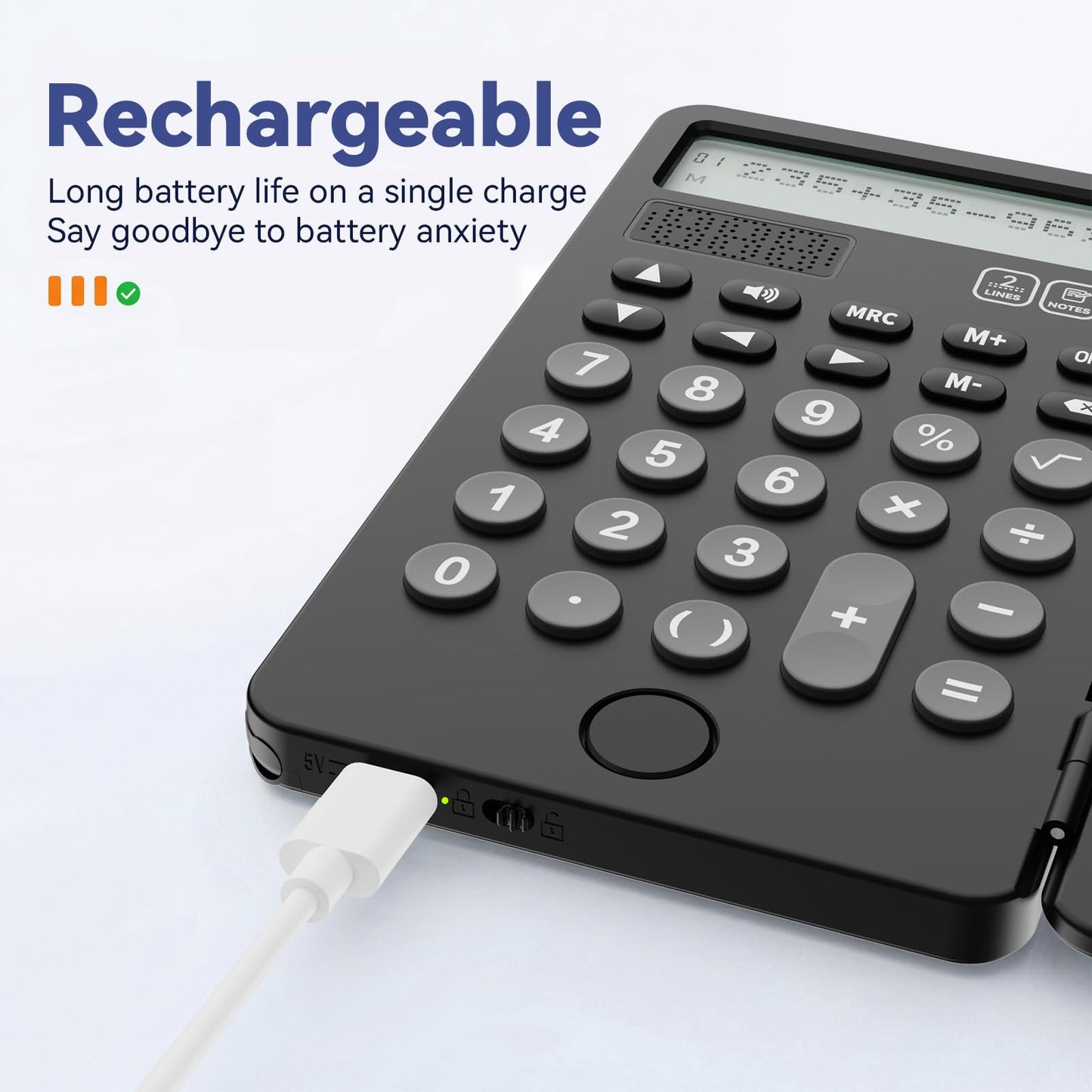 NEWYES Portable Calculator with Notepad, 2-Line 12-Digits Large Display, Rechargeable Solar Power Desk Calculator for Office School Students (Black)