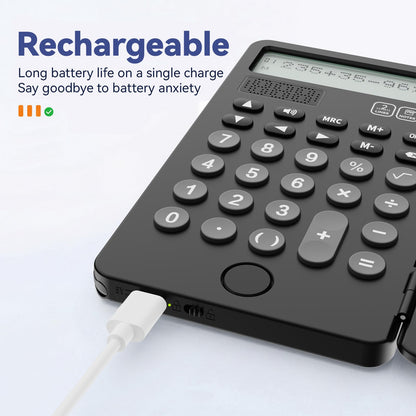 NEWYES Portable Calculator with Notepad, 2-Line 12-Digits Large Display, Rechargeable Solar Power Desk Calculator for Office School Students (Black)