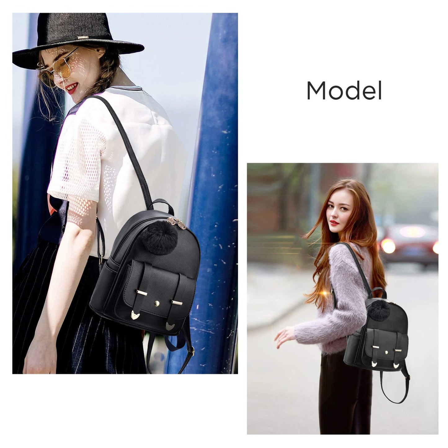 I IHAYNER Girls Fashion Mini Backpack Purse for Women & Teenage Girls - PU Leather Pompom Backpack Shoulder Bag - Black