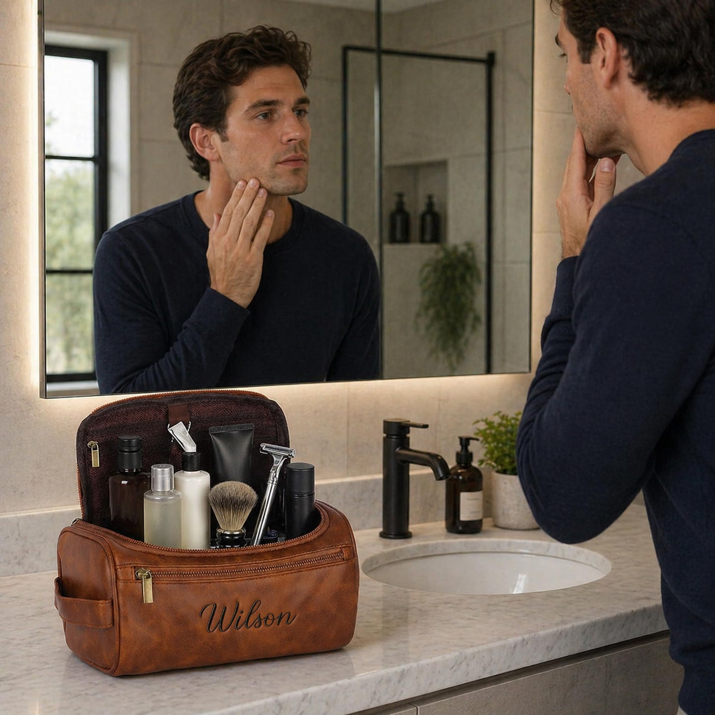 JAXVVIQEN Personalized Toiletry Bag for Papa, Custom Embroidery with Name Letter PU Leather Waterproof Toiletry Organizer Dopp Kit Travel Essential for Dad Grandpa Birthday Father's Day (Light Brown)