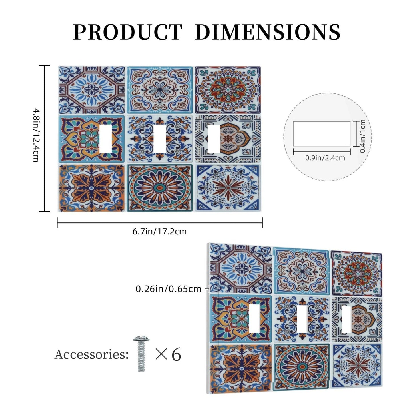Spshian Decorative Switch Plate Covers Mexican Talavera Tile 3 Gang Light Switch Cover Blue Moroccan Style Pattern Triple Toggle Wall Plate Electrical Faceplate for Bathroom Home Kitchen Bedroom Decor