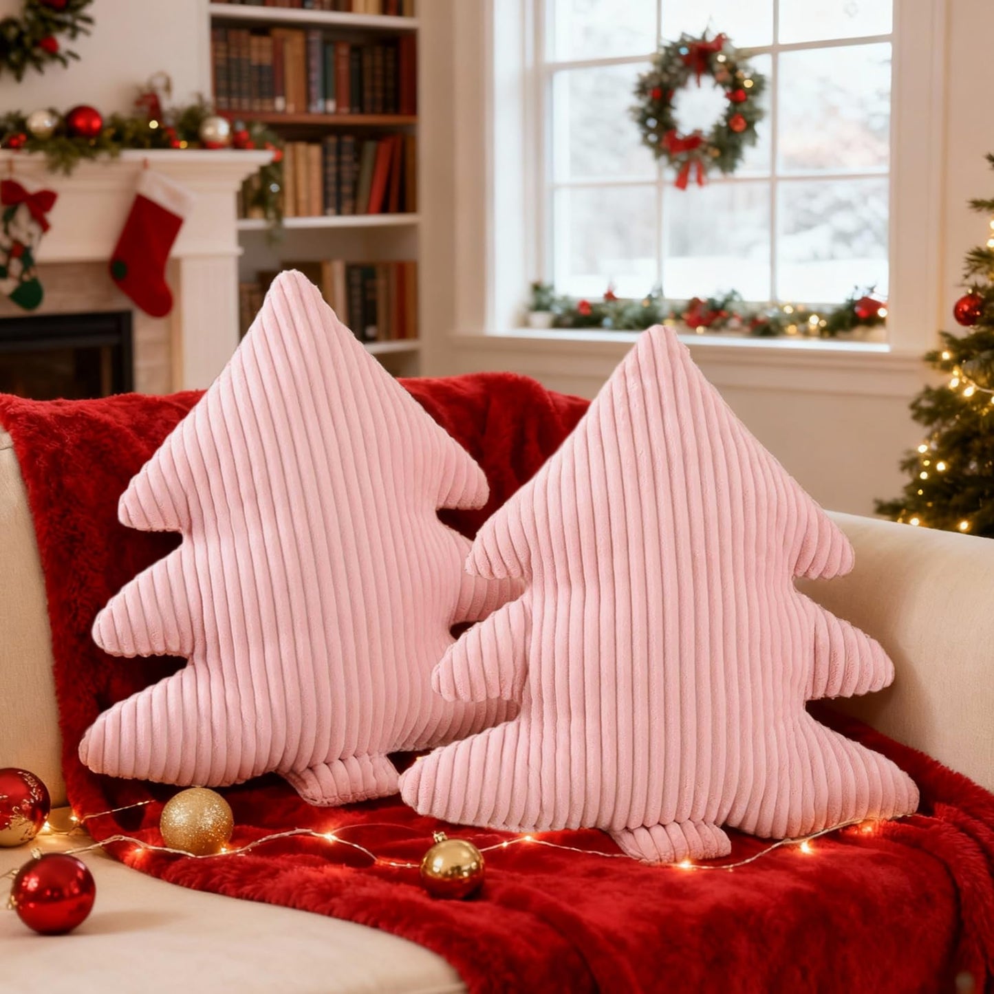 Lanpn Christmas Tree Pillows Set of 2, Christmas Decoration Narrow Stripes Winter Throw Pillow Soft Cute 3D Shaped Xmas Tree Throw Cushion for Sofa Bedroom Xmas Decor (18x16 inch, Pink)