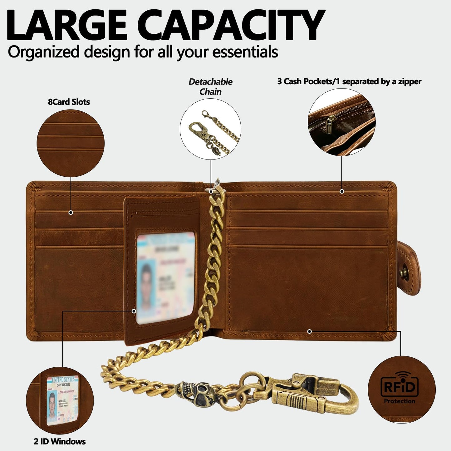 Ahiller Chain Wallet for Men,Bifold Crazy Horse Leather RFID Blocking Slim Wallets with Gift Box, 2 ID Window, 8 Cards Slots & Detachable Key Chains for Front | Back Pocket-Coffee
