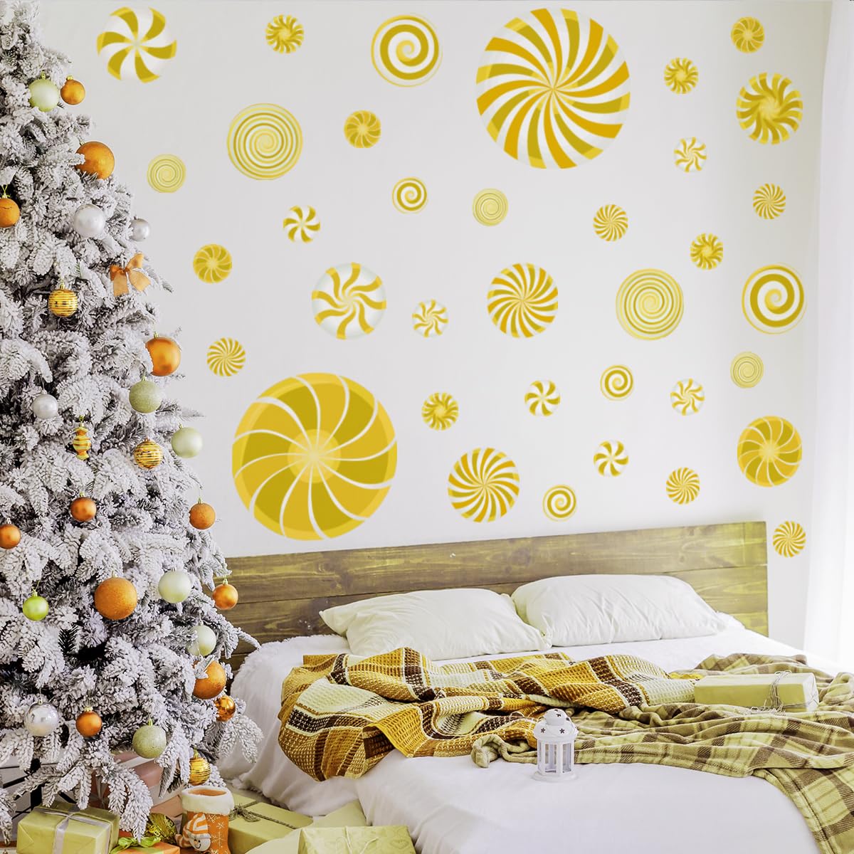 77 Pcs Christmas Candy Wall Decals Decorations Christmas Wall Stickers Gold Peppermint Candy Floor Decals for Xmas Candyland Party Decorations