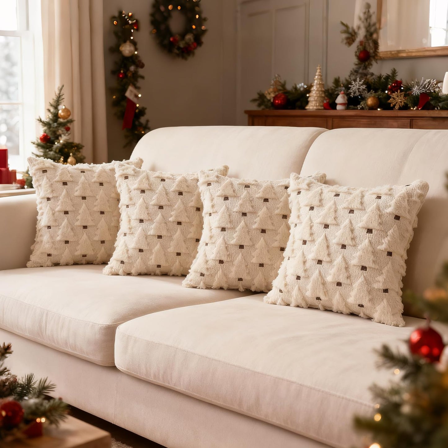 HDVUHKI Christmas Throw Pillow Covers 18x18 inch Set of 4, Beige Xmas Tree Holiday Winter Living Room Soft Fluffy Plush Faux Fur Wool Decorations for Sofa Couch Bed