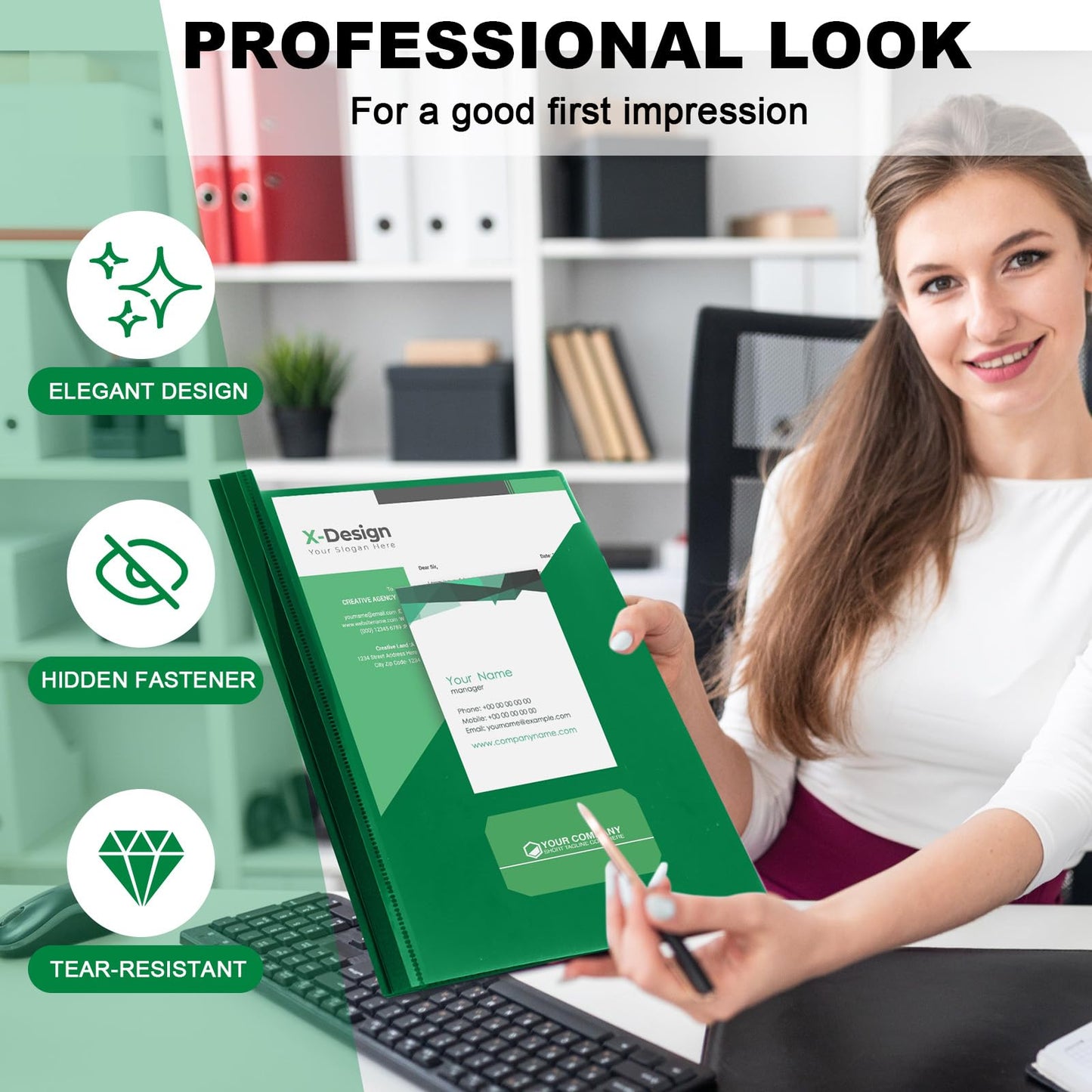 Teling 24 Pcs Clear Front Report Covers with 3 Prongs, Suit for A4/8.5'' x 11'' Letter Size Paper, Plastic Green Presentation Folders Bulk, 90 Sheet Capacity, for School Business