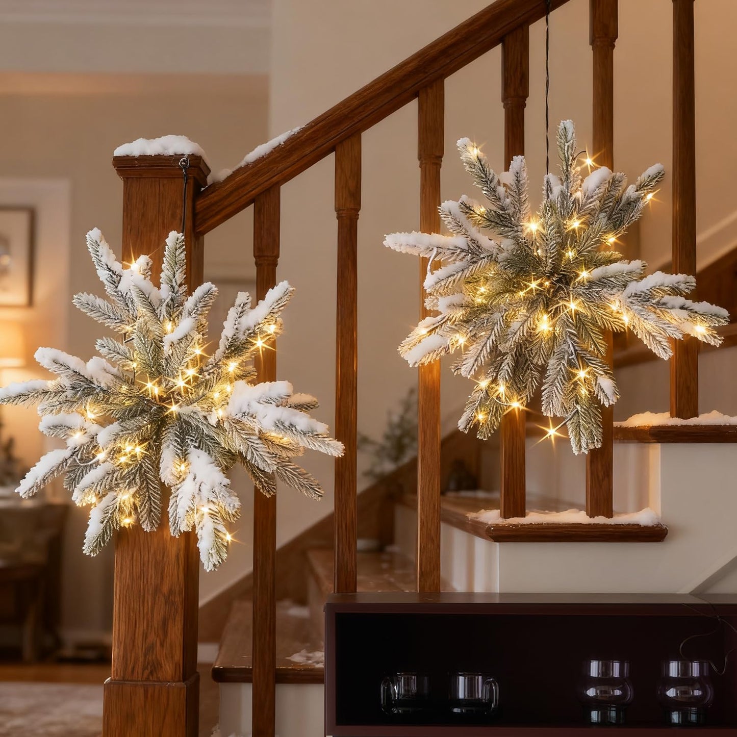 Hairui Snow Dusted Pine Snowflake Lights with Timer Battery Operated and USB Plug in 60 LED Fairy Lights 16IN for Window Christmas Decoration