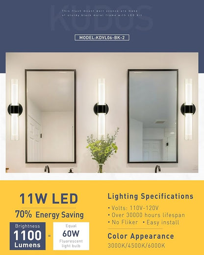 kudos Black Modern Sconces Wall Lighting, Wall Sconces with Clear Glass and Frosted Glass, Modern LED Vanity Light for Bathroom, 3000K/4500K/6000K Adjustable,KDVL06-BK-2