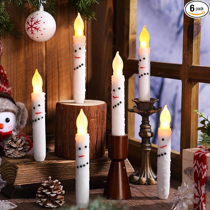 Baquler 6 Pcs Christmas Snowman Flameless Candles 6.5 Inch Short Winter Taper Candles Battery Operated LED Candlesticks for Christmas Party Table Centerpieces Xmas Winter Home Decorations