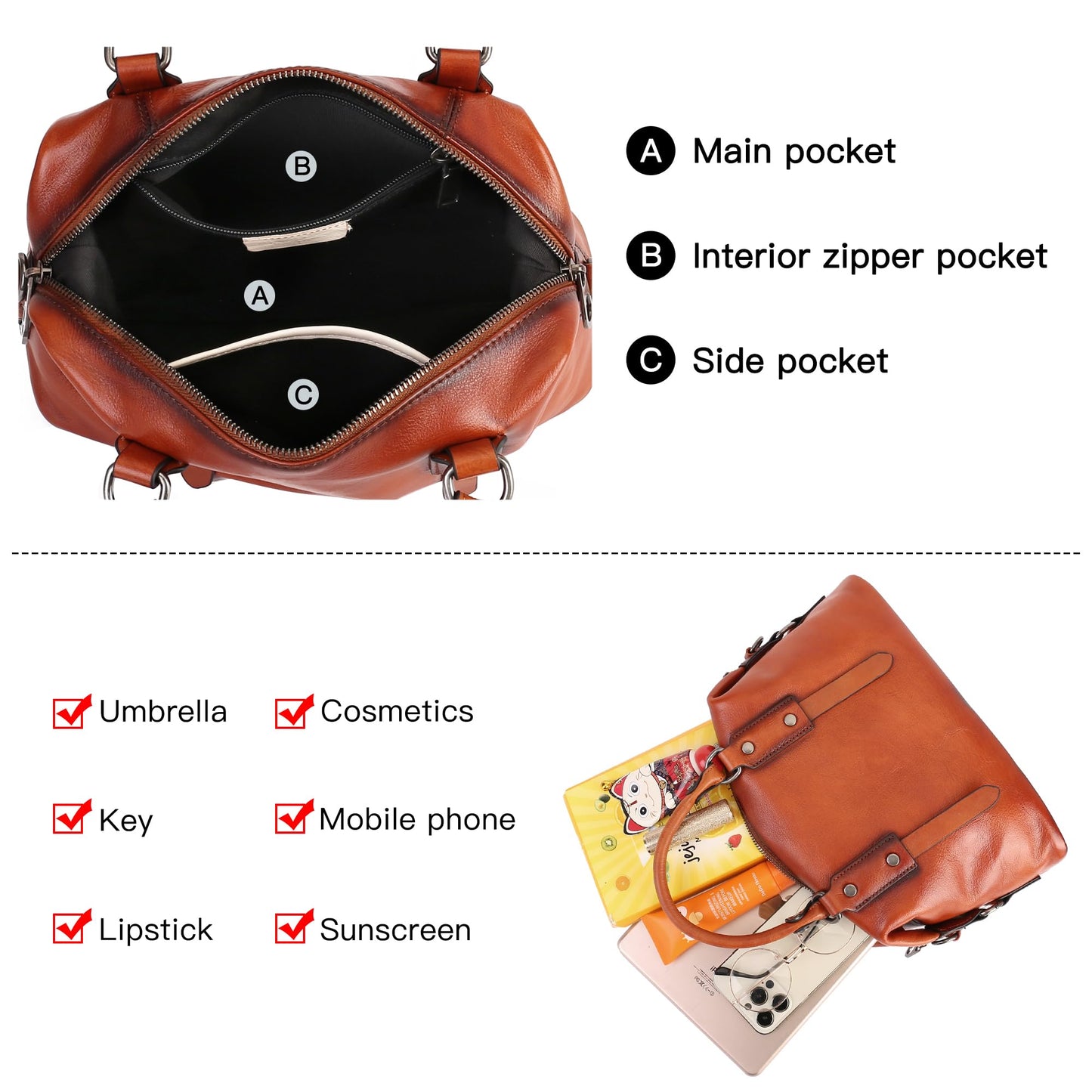 Genuine Leather Women's Handbags Travel Purses Top Handle Barrel Satchel Shoulder Hand Bags leather crossbody bags for Women Retro Tote Bag Brown