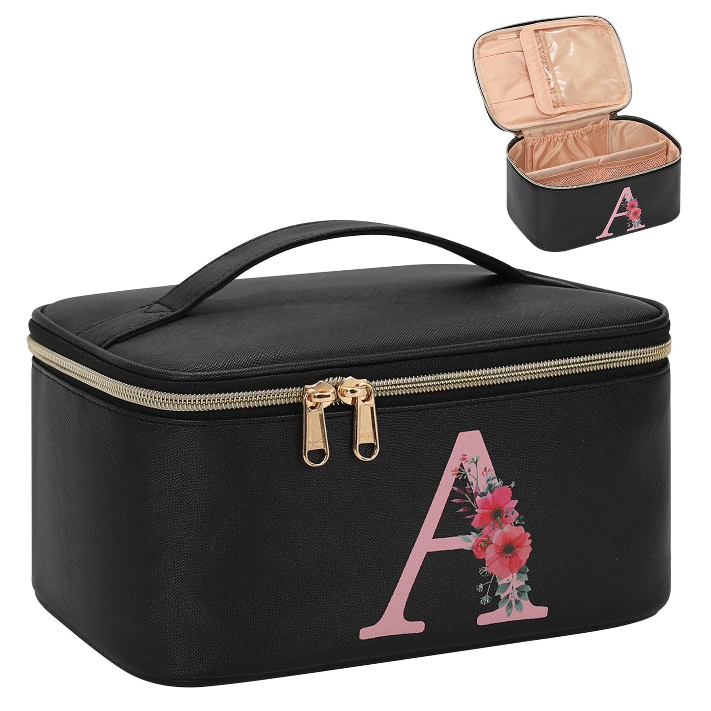 OCHEAL Initial Makeup Bag,Monogram Make up Bag Black Travel Makeup Organizer Case Beauty Toiletry Cosmetic Bag with Brush Holder, Trendy Stuff Personalized Gifts for Women and Girls-A
