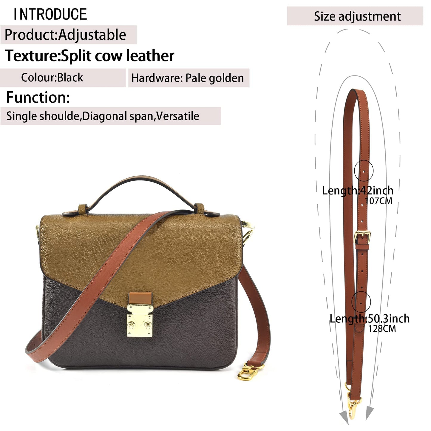 LDKJ Vachetta Leather Adjustable Crossbody Strap for ， women's crossbody handbags (Brown)