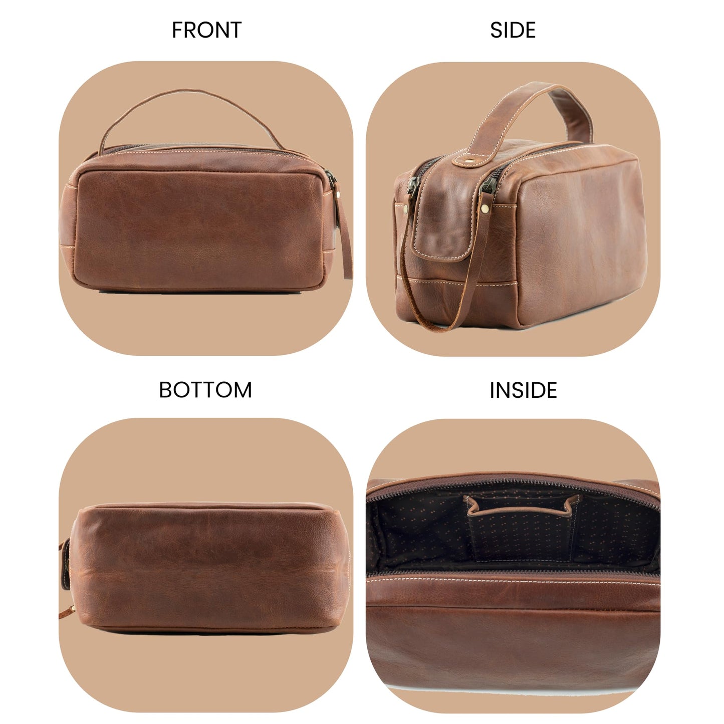 Handmade World Leather Toiletry Bag for Men - Genuine Full Grain Leather Dopp Kit “Golden Oak” - Large Travel Shaving Kit Organizer Grooming Bag