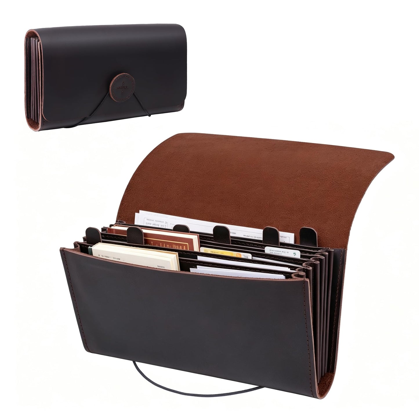 Genuine Leather A6 Receipt Organizer, Leather Expanding Accordion File Folder, 7 Pockets Expanding Bill Receipt Holder for Receipts,Invoices,Coupons,Cards, 7.8X4.3 Inches