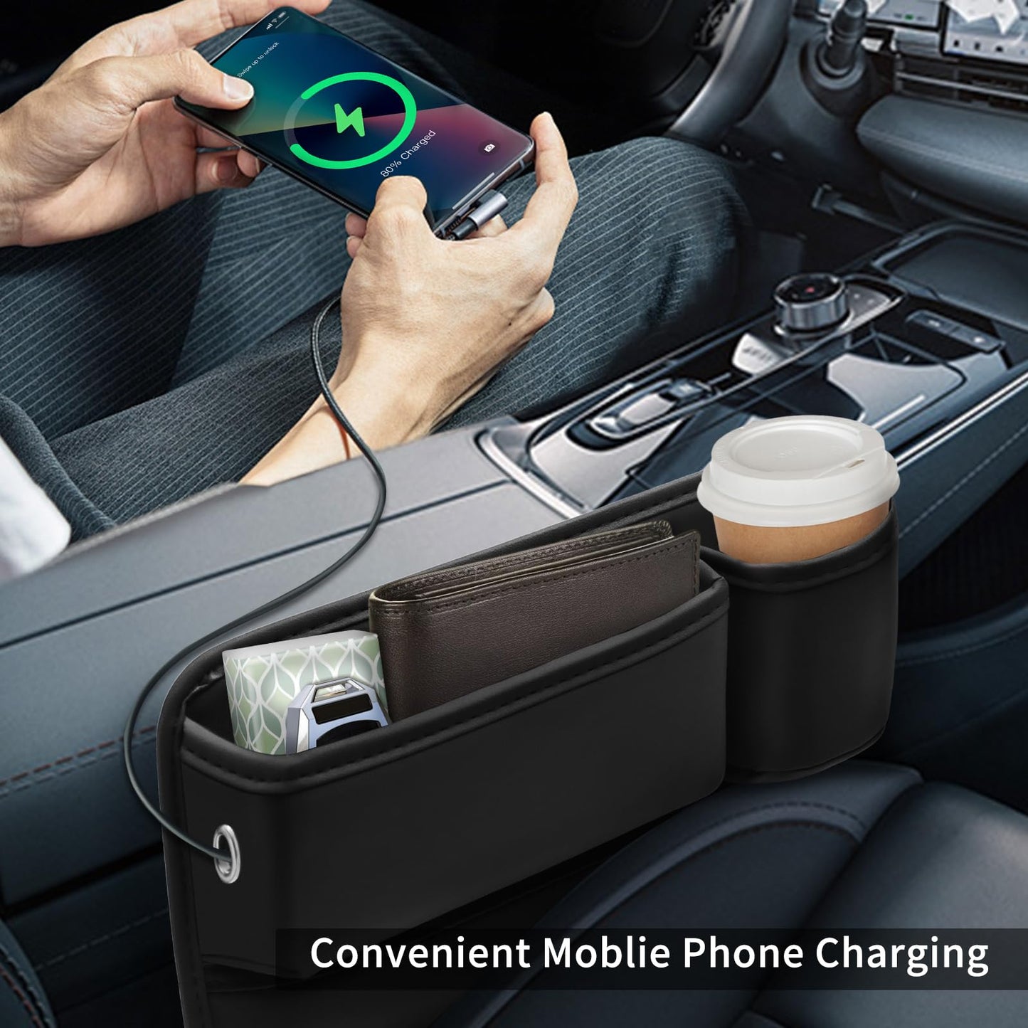 Car Leather Cup Holder Gap Bag 2-Piece Car Seat Gap Filler with Cup Holders for Cups Glasses Keycard (Main and Passenger) (Classic Black)