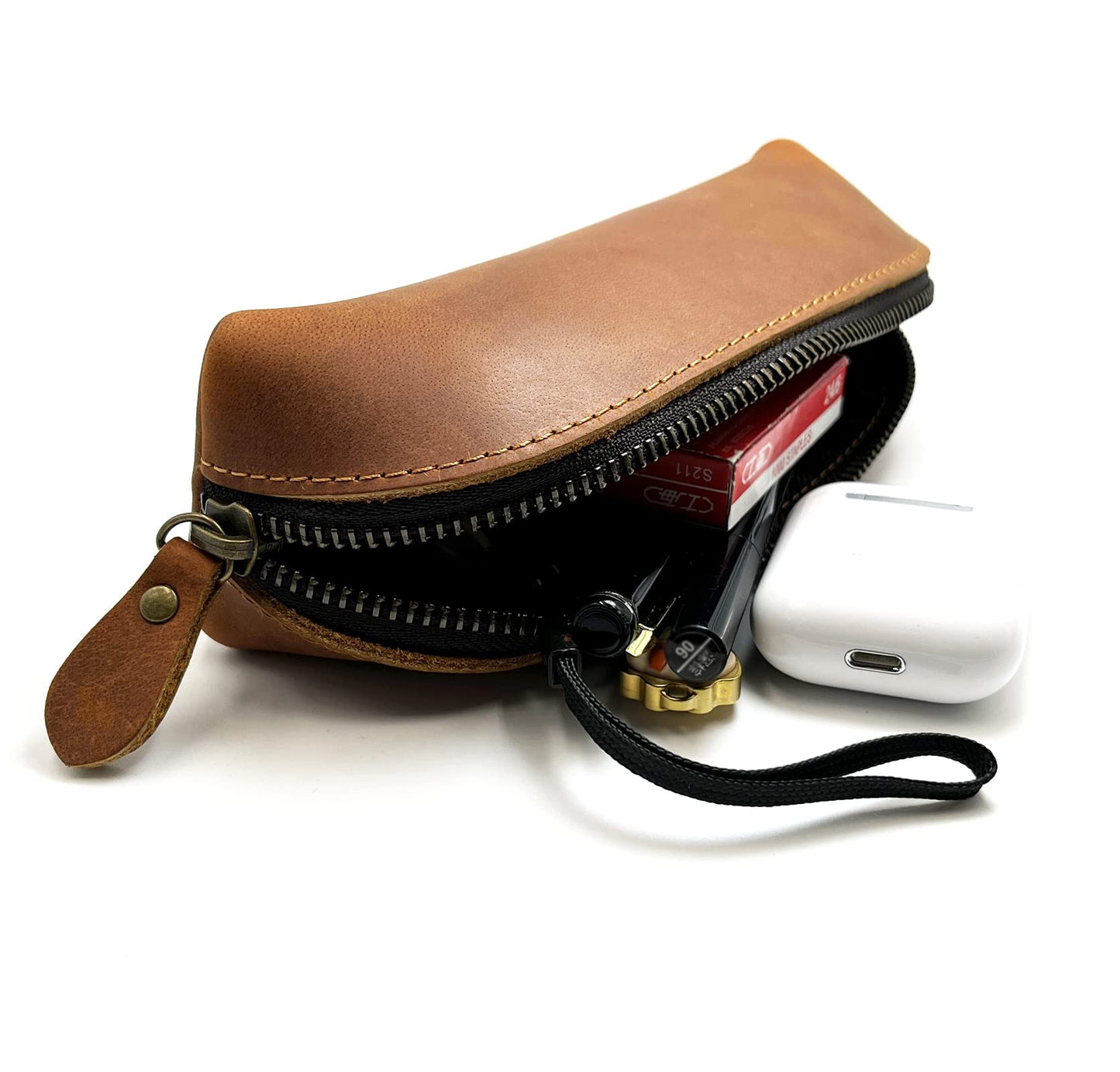 Craoopii Leather Pen Case Pencil Bag Pouch With Zipper Pen Holders Handmade Genuine Leather For Men Women Businessmen And Artists Home Work Office (Brown)