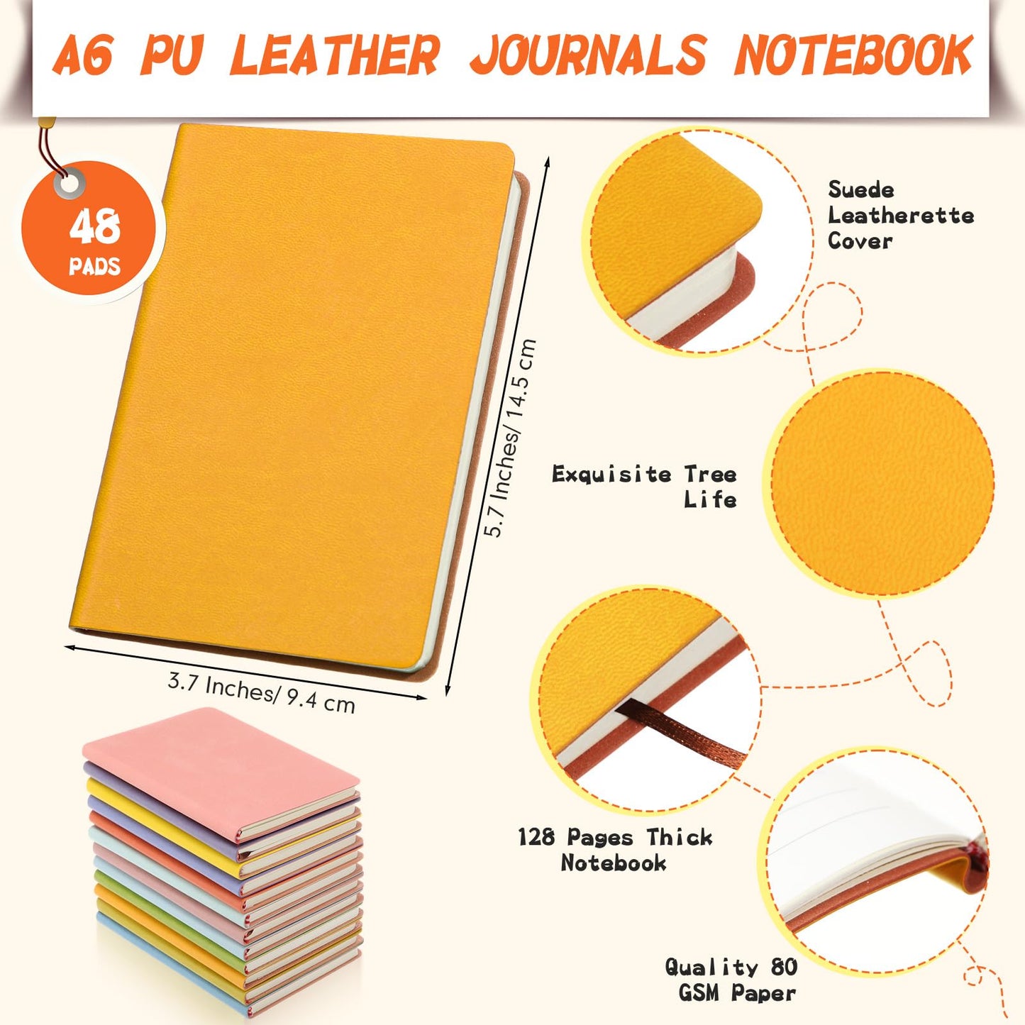 PerKoop 48 Pcs A6 PU Leather Journals Notebook Bulk Lined Journal Soft PU Leather Cover Ruled Writing Notebook for Home Office School Business 128 Pages 5.7 x 3.7 Inch (Pastel Color)