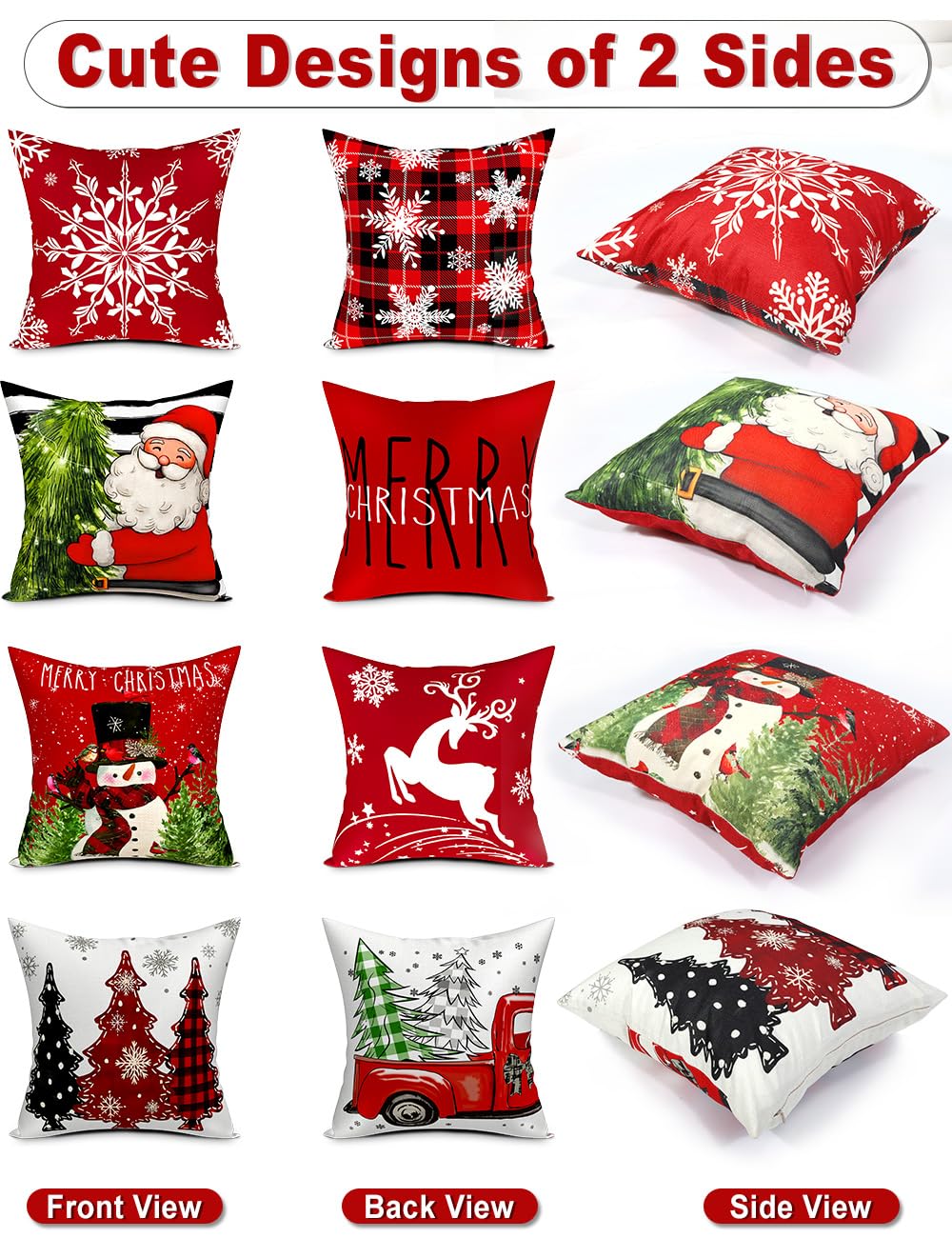 Double-Sided Print Christmas Pillow Covers 20''x20'', Set of 4, 8 Christmas Patterns Christmas Tree, Snowman, Snowflakes, Merry Christmas, Deer, Santa Claus,Truck, Let It Snow, Soft Linen Material