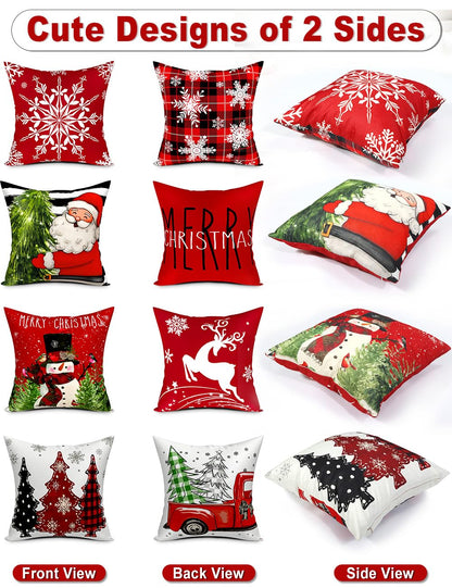 Double-Sided Print Christmas Pillow Covers 20''x20'', Set of 4, 8 Christmas Patterns Christmas Tree, Snowman, Snowflakes, Merry Christmas, Deer, Santa Claus,Truck, Let It Snow, Soft Linen Material