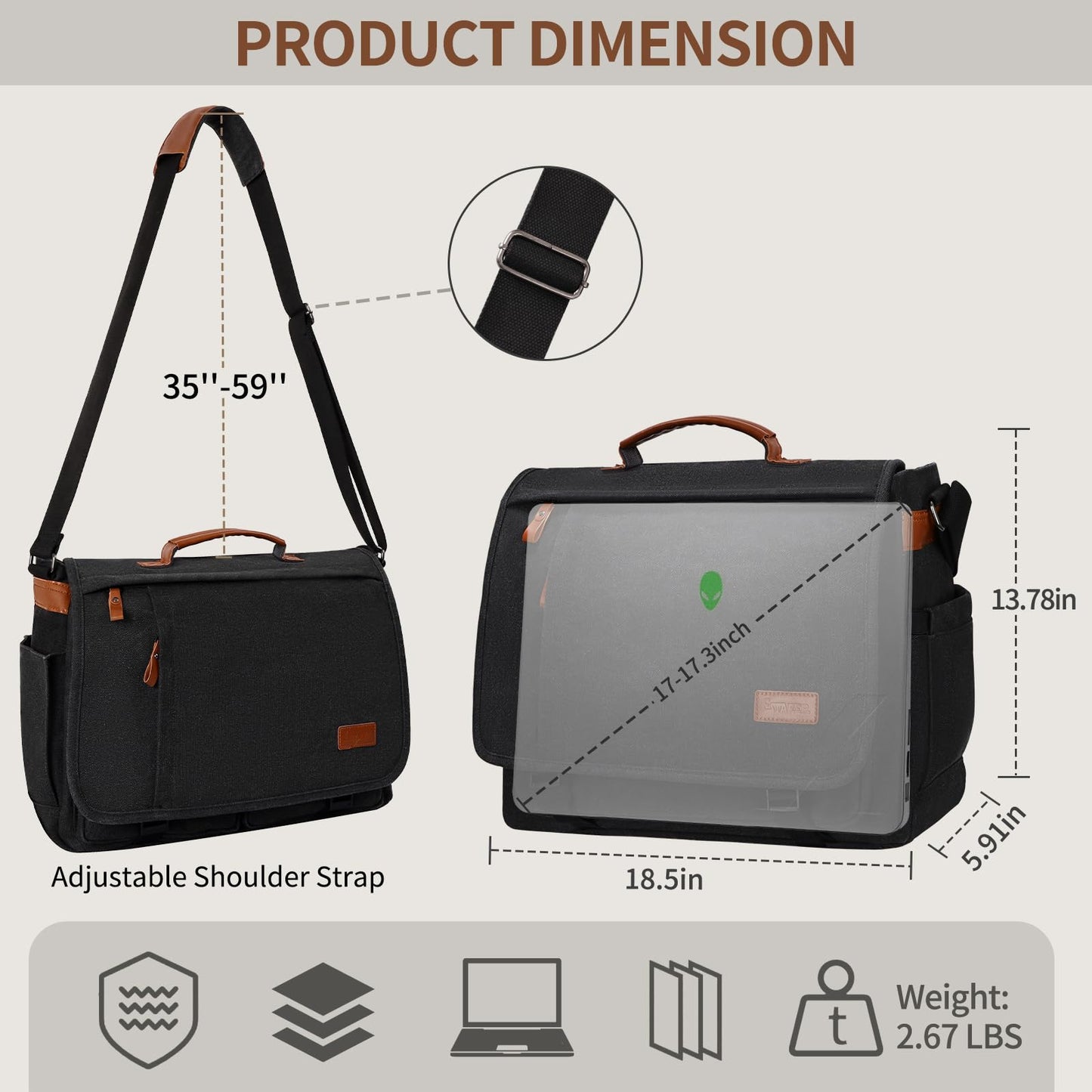ESTARER Messenger Bag 17.3 Inch, Mens Computer Bag for Teacher/College/Work/Travel, Water-resistant Canvas Laptop Bag Satchel Briefcase, Dark Grey