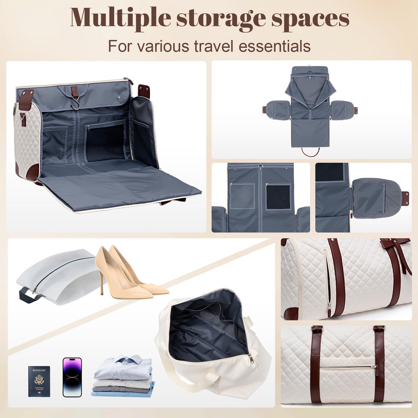 GARPROVM Garment Bags for Travel Women, 3 in 1 Convertible Garment Duffle Bags with Separated Tote Bag, Waterproof Suit Bag Travel Carry On Luggage Weekender Bag for Business Trip, Beige