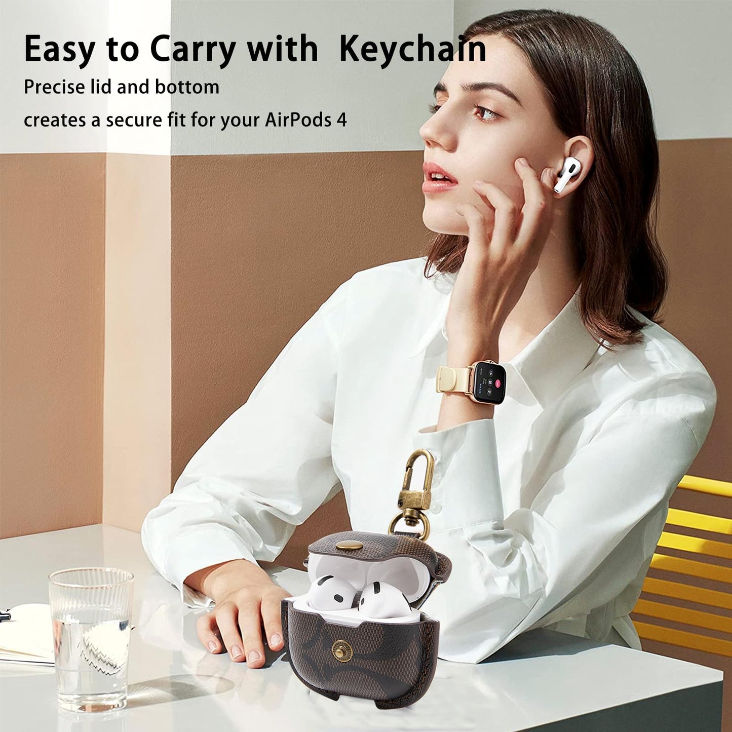 for AirPods 4 Case Cover 2024, Leather Full-Body Protective Case for AirPods 4th Generation Wireless Charging Case for Women Men with Keychain-Coffee