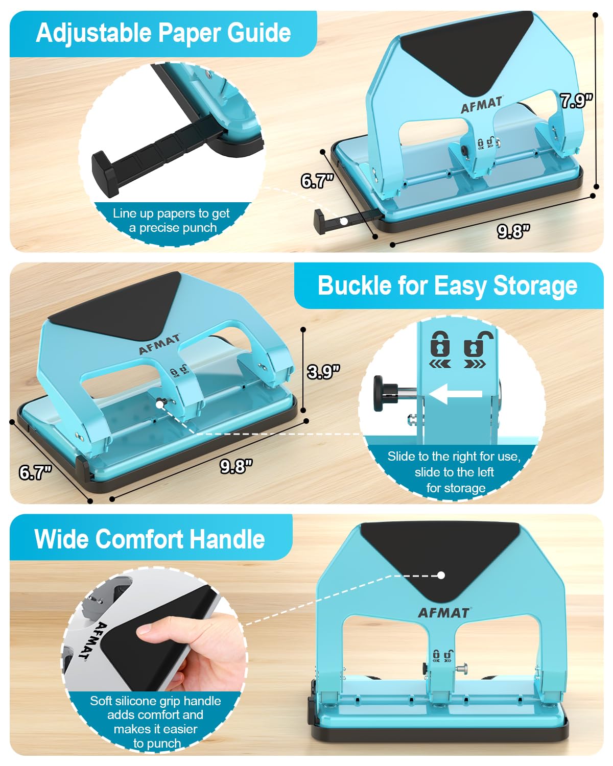 AFMAT 3 Hole Punch Heavy Duty, 50-Sheet Three Hole Punch, 50% Reduced Effort, 10,000+ Uses, 9/32" Holes, S.S. Paper Guide, 3 Hole Puncher for Binder, Metal Hole Puncher for Home Office School HP20