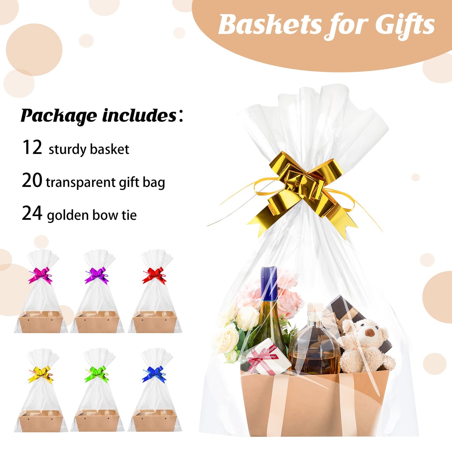 Teling 56 Pack Large Christmas Gifts Basket Bulk 11x7.1x5.5 Inch Empty Gift Baskets to Fill with Handles Clear Cellophane Bags Pull Bows Present Boxes for Xmas Holiday Party Favors Goodie Packaging