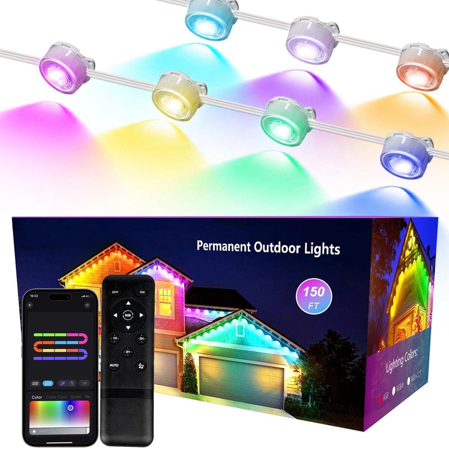Sumaote Permanent Outdoor Lights 150ft, Smart RGB+IC Smart Christmas House Lights 108 LED Waterproof Music Sync Eave Lights for Christmas, Holiday Decor, Compatible with Alexa Google Assistant