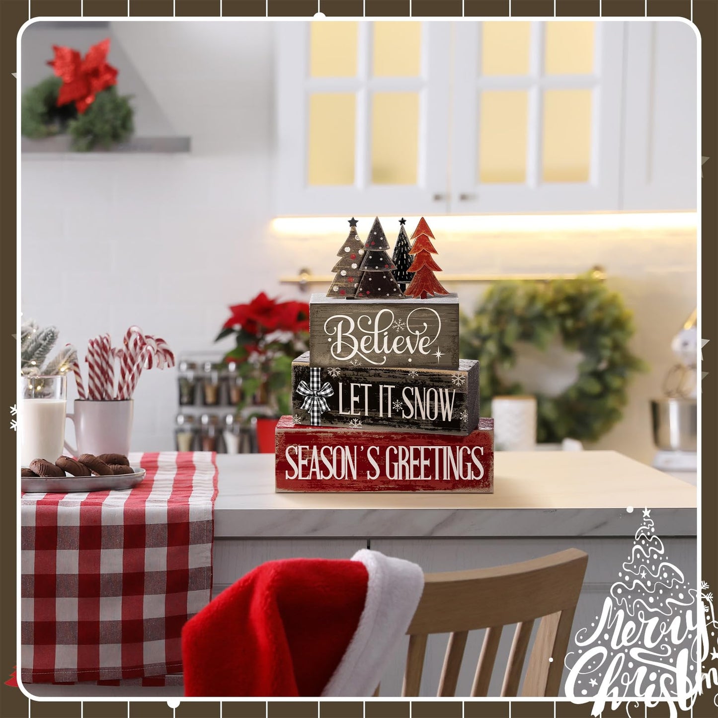 Moucuny 4 Pcs Christmas Table Decor Christmas Tree Centerpiece Rustic Decorative Tree Block Signs Gift Winter Tiered Tray Decor Farmhouse Winter Tabletop Decoration for Home Xmas Party Kitchen Shelf