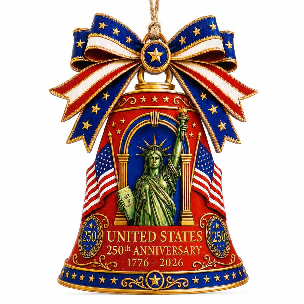Red Wooden Liberty Bell 250 Anniversary USA Ornament, USA 250th Anniversary Merchandise, Fourth of July Decorations, Patriotic Decor, USA 250th Anniversary 4th of July Gifts, USA 250th Birthday Gifts