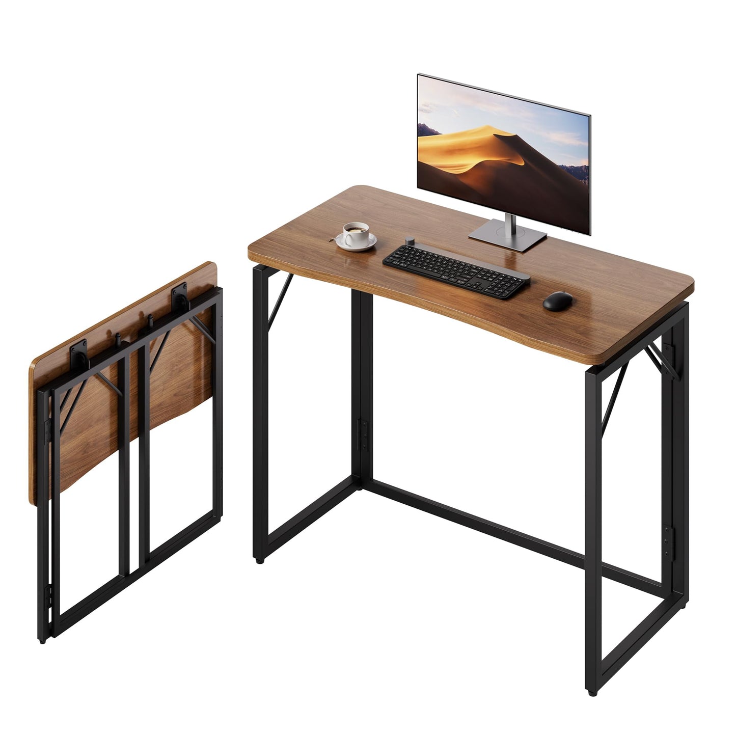 JOYMOOP 31.5" Folding Desk - Brown, No Assembly Small Foldable Desk for Home, Office, Wooden Top Folding Computer Desk for Working, Writing, Studying